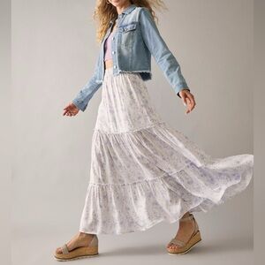 White and lilac floral Maxi Tiered Skirt for Resort Wear